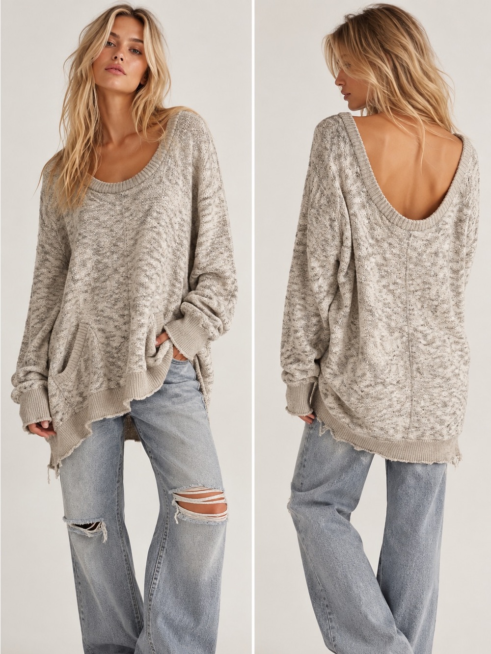 Free People Oversized Slouchy Scoop Back Distressed Knit Sweater XS